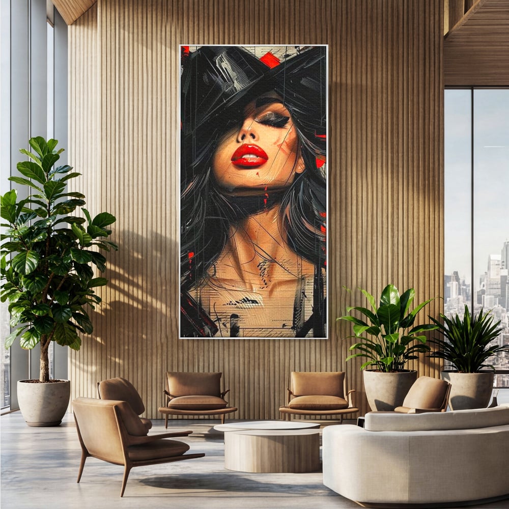 Tablou canvas cu tablou canvas cu portret stilizat de femeie, in rama de aluminiu argintiu, pe perete intr-un birou